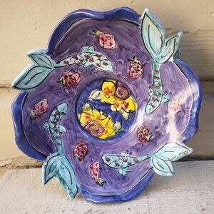 Whimsical Hand Painted Swimming Fish Ceramic Pedestal Dish by Kate & Ryan